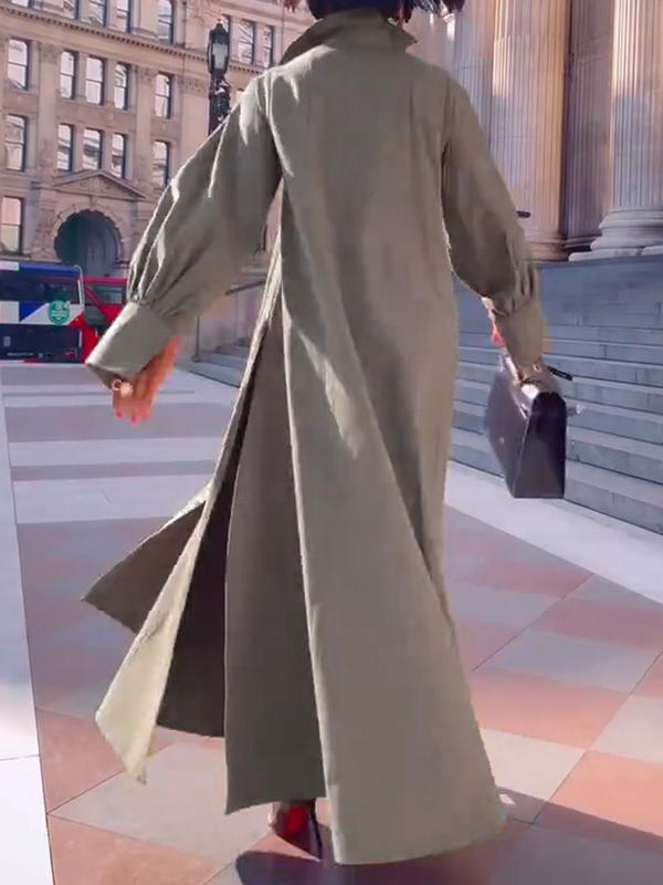 Long Sleeves Loose Solid Color Split-Joint Split-Side Lapel Maxi Dresses Shirt Dress Product Image