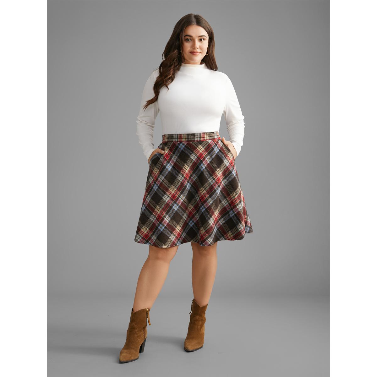 Plus Size Plaid Pattern Elastic Waist A-line Mini Skirt Women DarkBrown Elegant Low stretch Slanted pocket Everyday Skirts BloomChic 26/4X Product Image