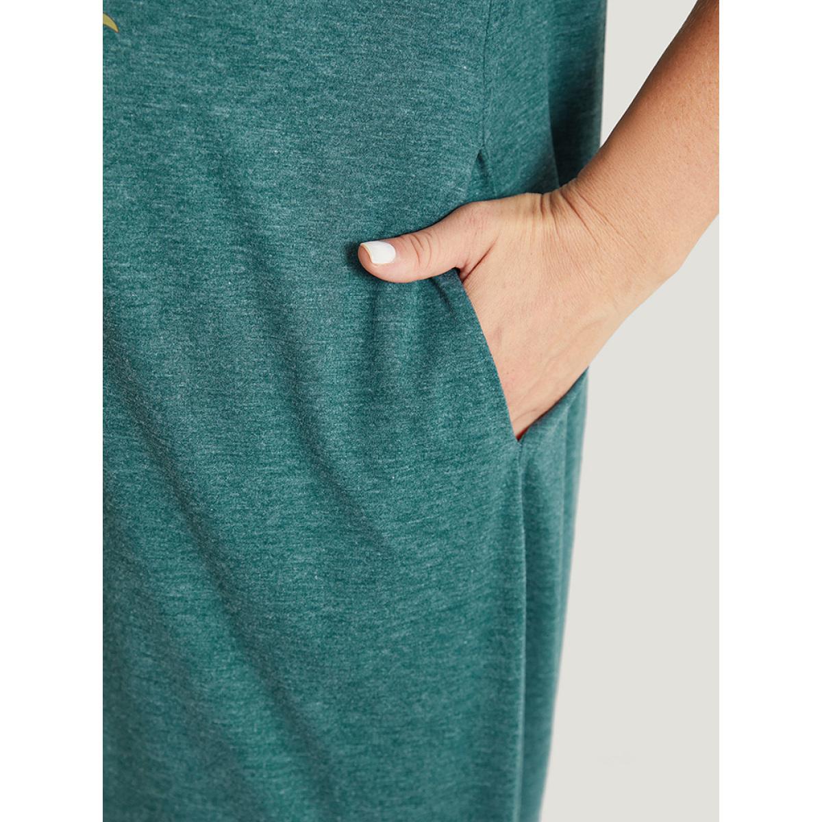 Plus Size Floral Print Roll Sleeve Pocket V Neck Dress Emerald Women Casual Non V-neck Short sleeve Curvy Midi Dress BloomChic 26/4X Product Image