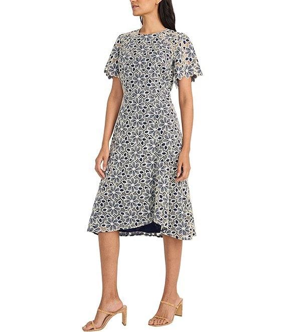 Maggy London Round Neck Flutter Sleeve Floral Lace A-Line Midi Dress Product Image