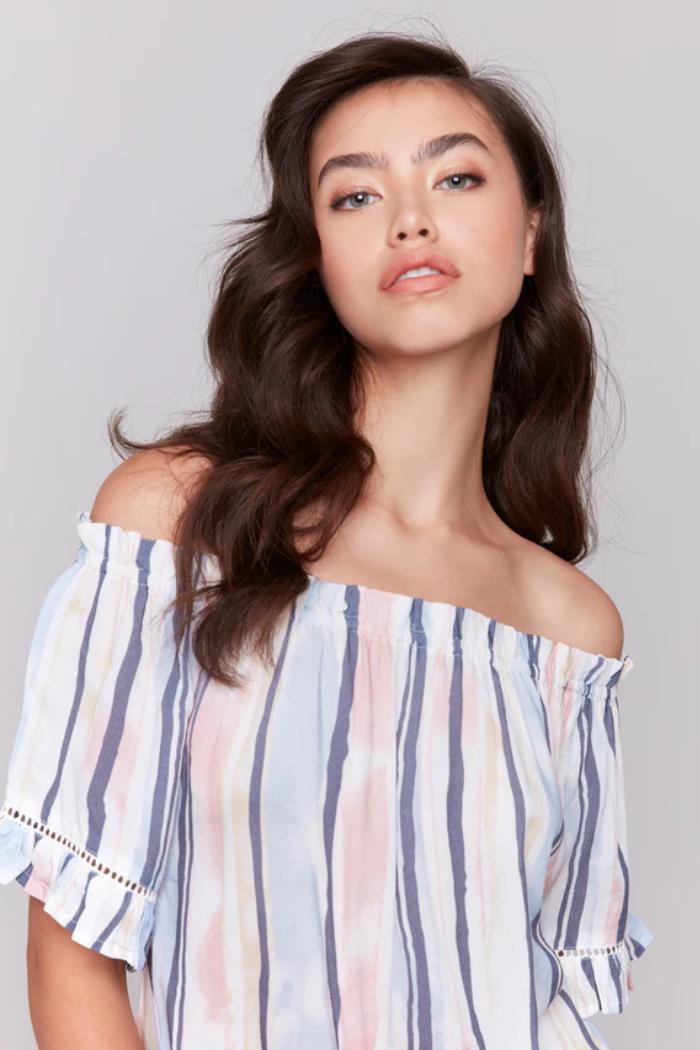 Printed Short Sleeve Peasant Blouse Product Image