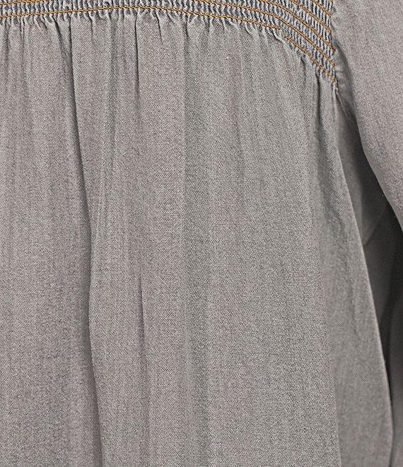 Multiples Petite Size Embroidered Band Collar 3/4 Sleeve Fringe Hem Top Product Image