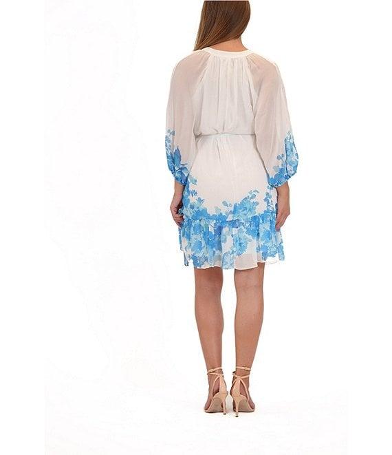 Julia Jordan Chiffon Floral Print V Neck 3/4 Sleeve Tie Waist Belt A-Line Dress Product Image