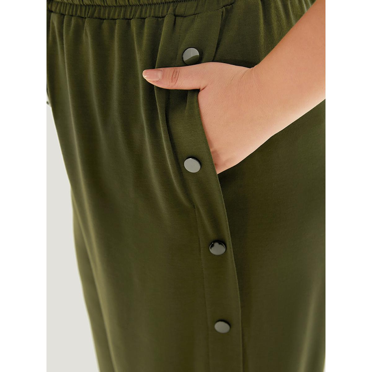 Plain Pocket Elastic Waist Button Detail Drawstring Sweatpants ArmyGreen Plus Size Women Casual Dailywear Plain 22-24/3X Bloomchic Product Image