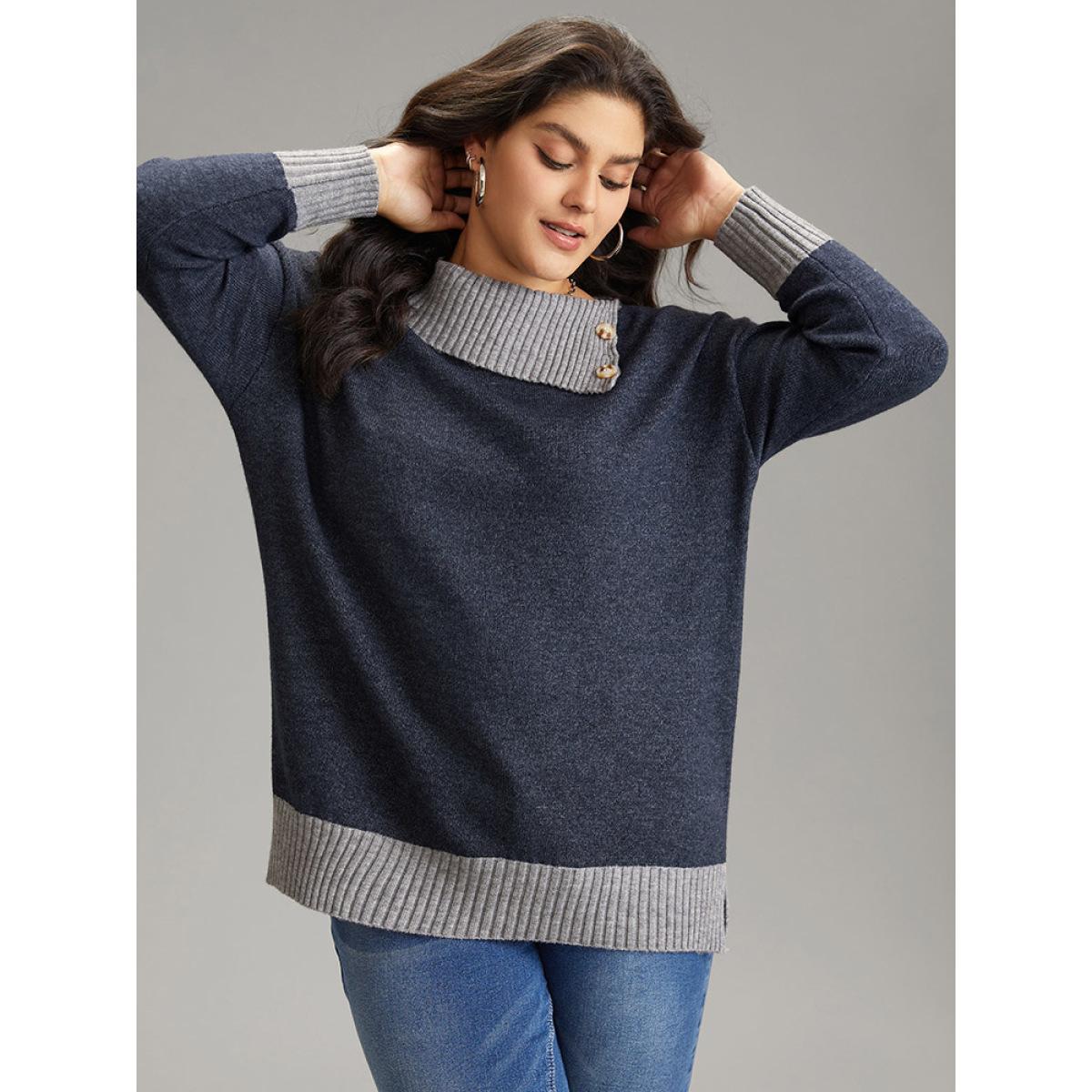 Plus Size Two Tone Button Detail Lapel Collar Pullover Midnight Women Casual Loose Long Sleeve Lapel Collar Dailywear Pullovers BloomChic 26/4X Product Image