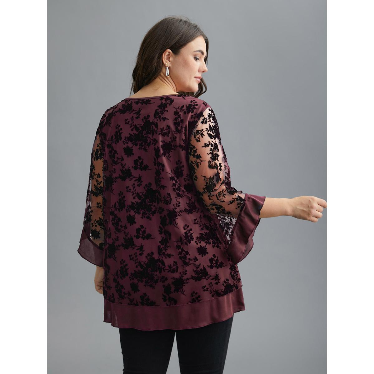 Plus Size Burgundy Floral Flocking Mesh Asymmetrical Hem Blouse Women Elegant Three Quater Length Sleeve V-neck Everyday Blouses BloomChic 22-24/3X Product Image