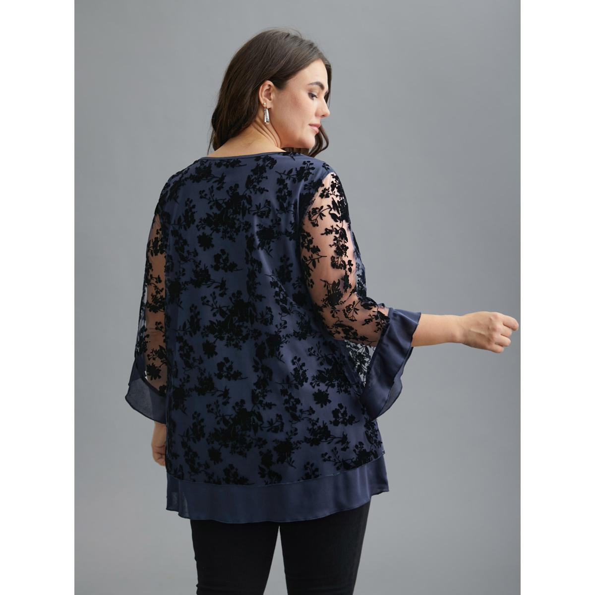 Plus Size Indigo Floral Flocking Mesh Asymmetrical Hem Blouse Women Timeless Three Quarter Length Sleeve V-neck Elegant Blouses BloomChic 10/M Product Image