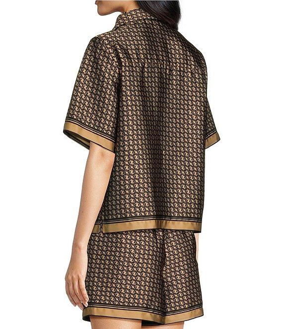 Le' AL.X Logo Print Satin Notch Lapel Short Sleeve Cropped Coordinating Camp Shirt Product Image