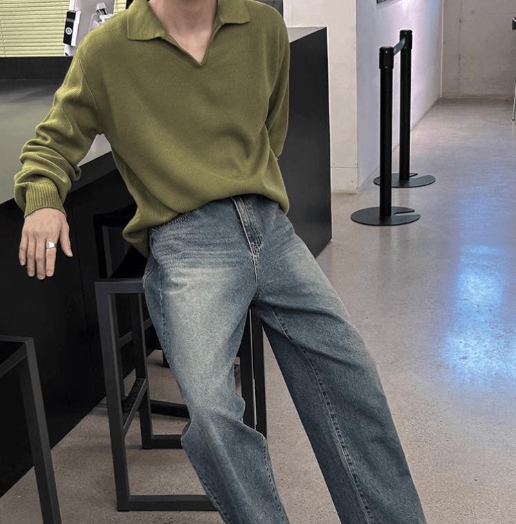 RT No. 11521 GREEN V-NECK POLO SWEATER Product Image