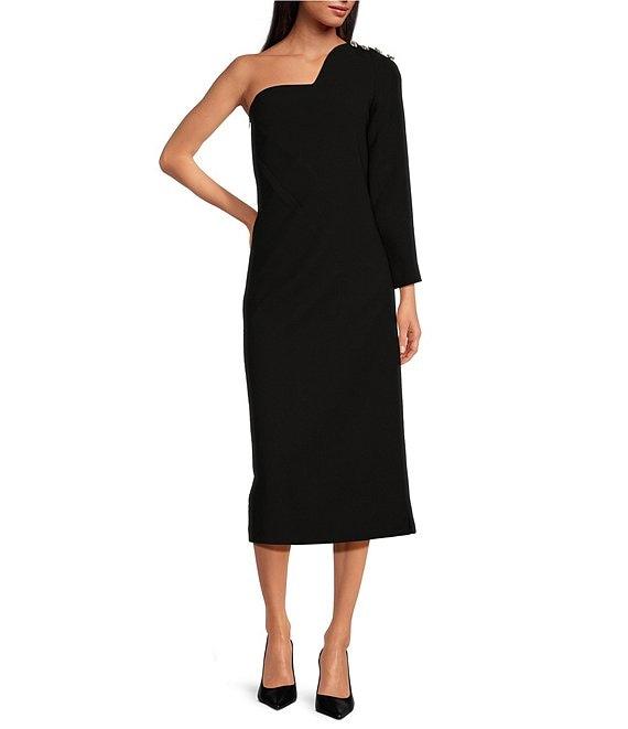 Tara Jarmon Renee Crepe Woven Asymmetrical Sweetheart Neck Single Long Sleeve Midi Sheath Dress Product Image