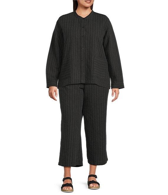 Eileen Fisher Plus Size Organic Cotton Blend Yarn-Dyed Stripe Elastic Waist Wide Crop Pants Product Image