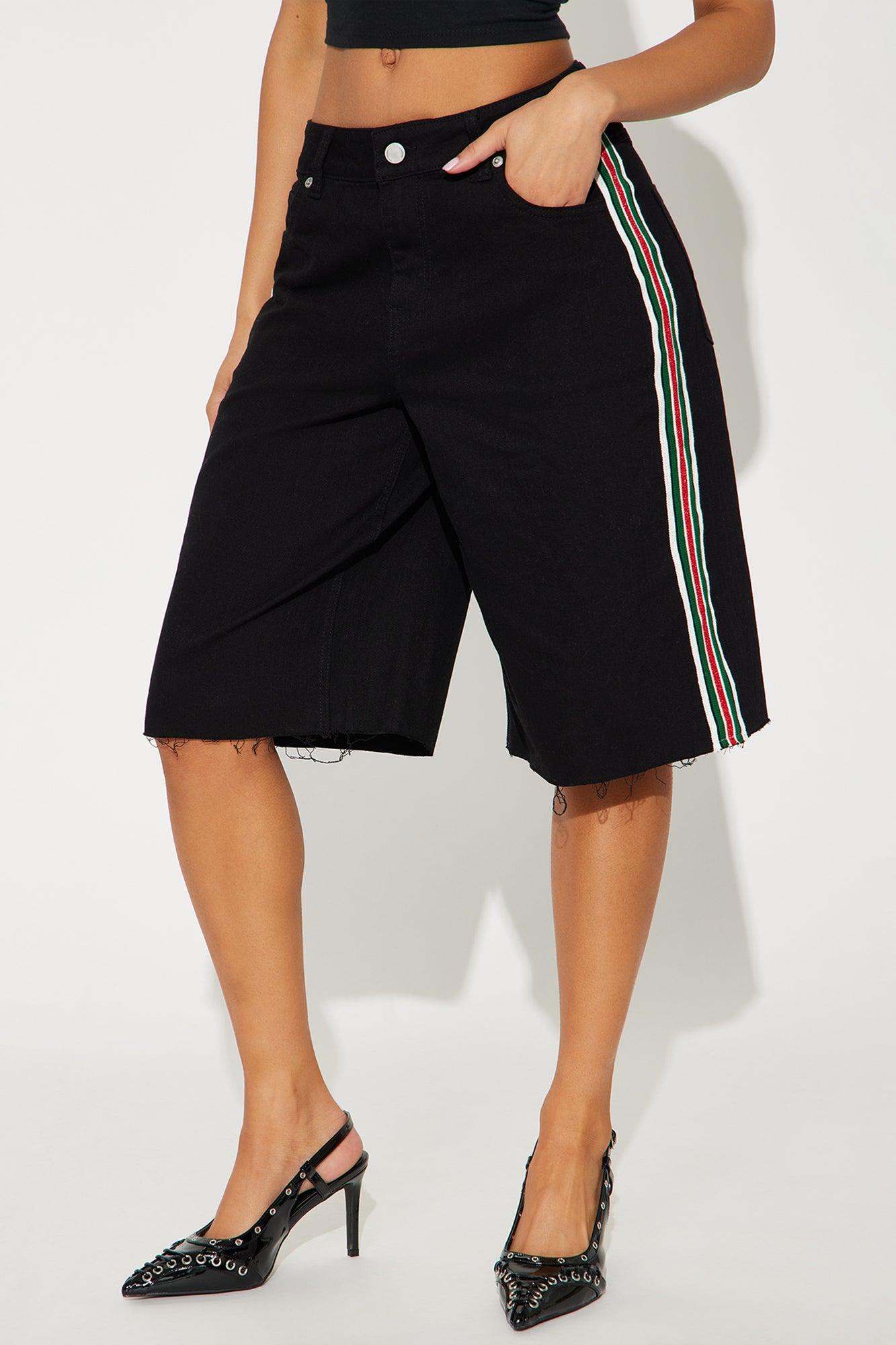 Making An Appearance Stretch Stripe Denim Jorts - Black Product Image