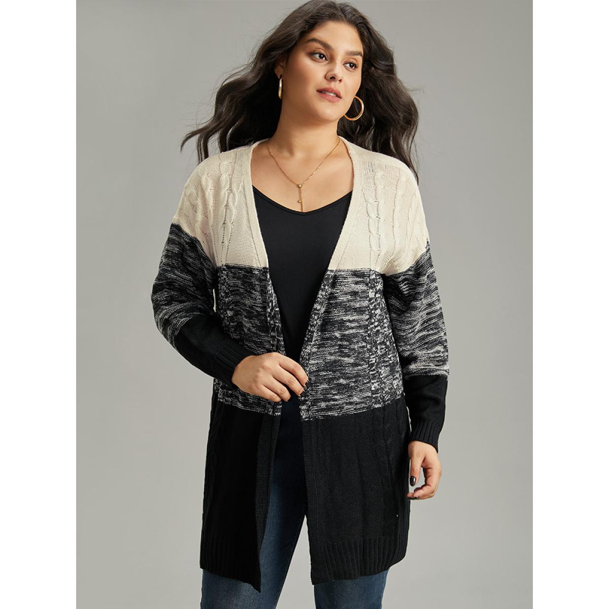 Plus Size Colorblock Contrast Heather Open Front Cardigan Black Women Casual Loose Long Sleeve Dailywear Cardigans BloomChic 22-24/3X Product Image