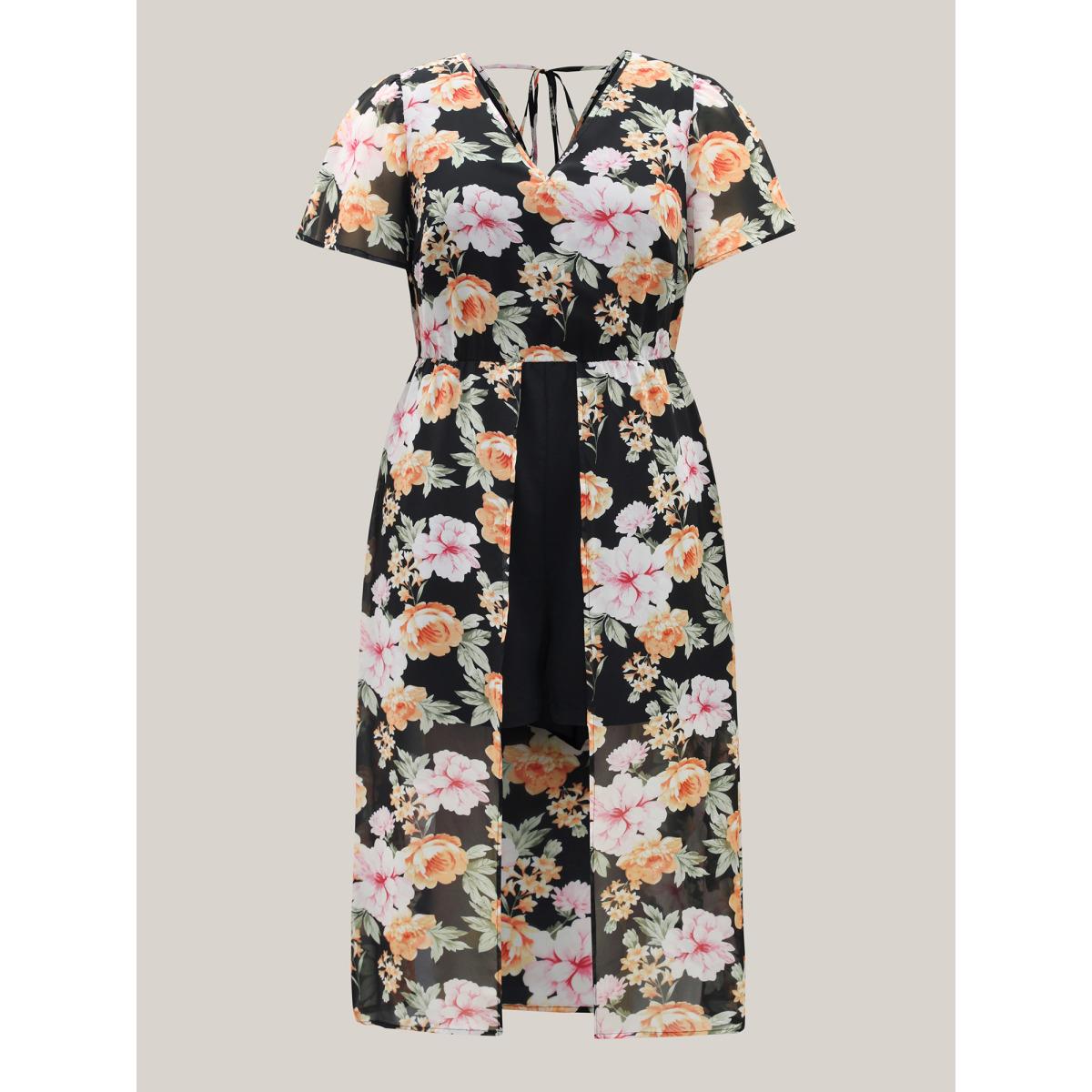 Plus Size Black Floral Layered Open-Front Romper Women Short sleeve V-neck Everyday-Elegant Loose Jumpsuits BloomChic 14-16/1X Product Image