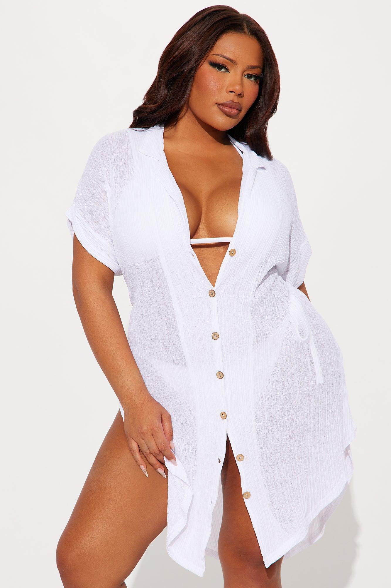 Summer Breeze Button Up Plisse Cover Up Shirt Dress - White Product Image
