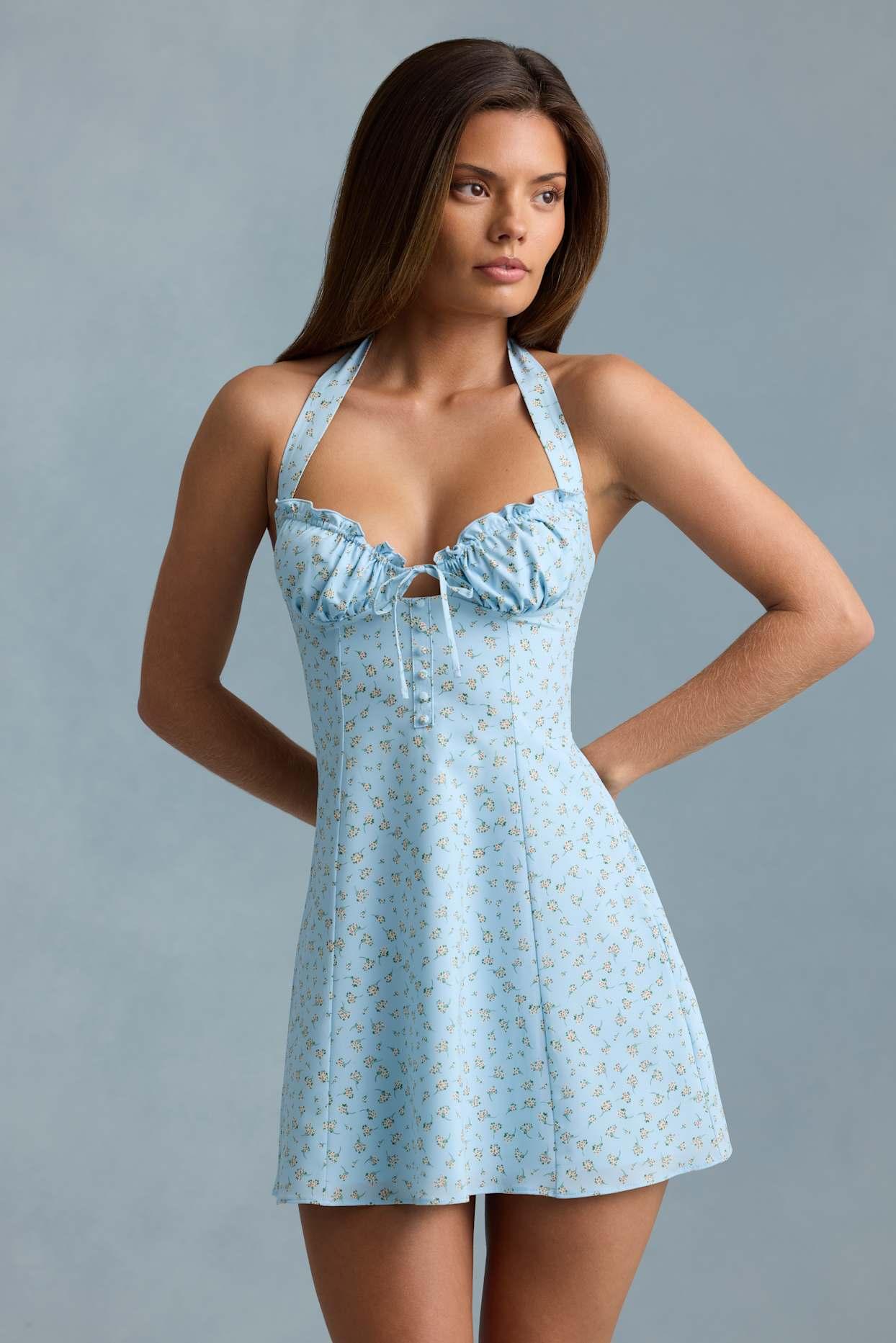 Halterneck A-Line Mini Dress in Blue Flower Print Product Image