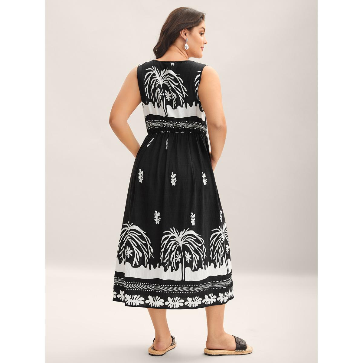 Plus Size Tropical Breeze Print Pockets Midi Dress Black Women V-neck Sleeveless Curvy BloomChic 22-24/3X Product Image