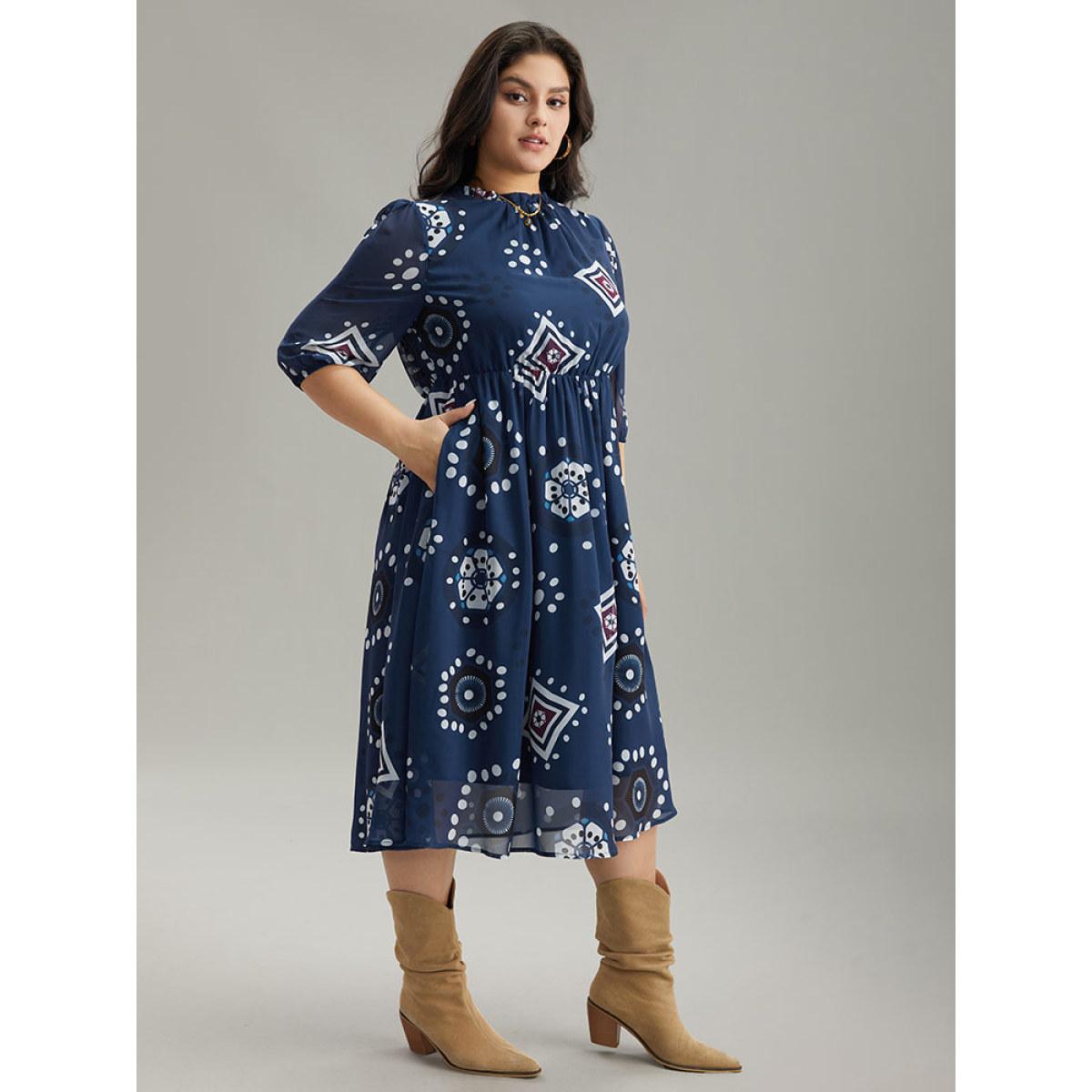 Plus Size Geometric Mesh Stand Collar Frill Trim Dress DarkBlue Women Vacation Elastic cuffs Stand-up collar Elbow-length sleeve Curvy Midi Dress BloomChic 26/4X Product Image