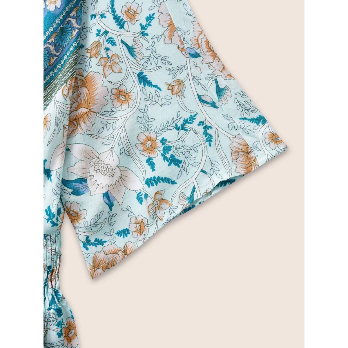 Plus Size Floral Dolman Sleeve Ruffles Shirred Split Hem Dress Turquoise Women Resort Non V-neck Short sleeve Curvy Midi Dress BloomChic 12/L Product Image