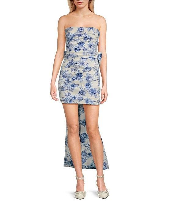 Allison & Kelly Strapless Taffeta Floral Print Bow Back Mini Dress Product Image