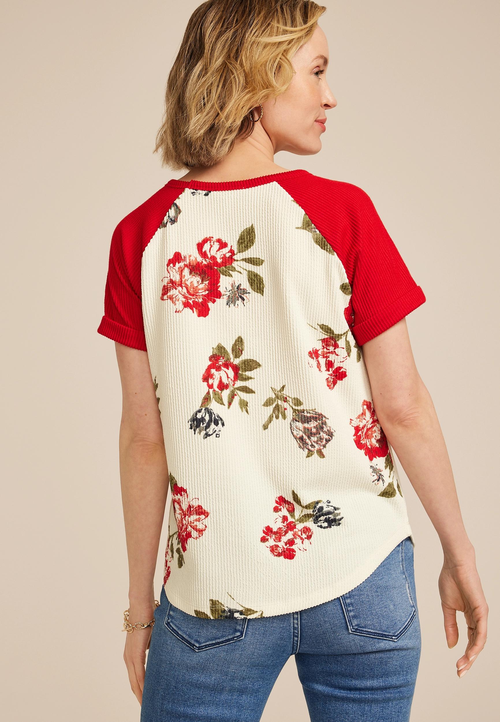 Maurices Womens Small Size Floral Wavy Ribbed Colorblock Raglan Tee Product Image