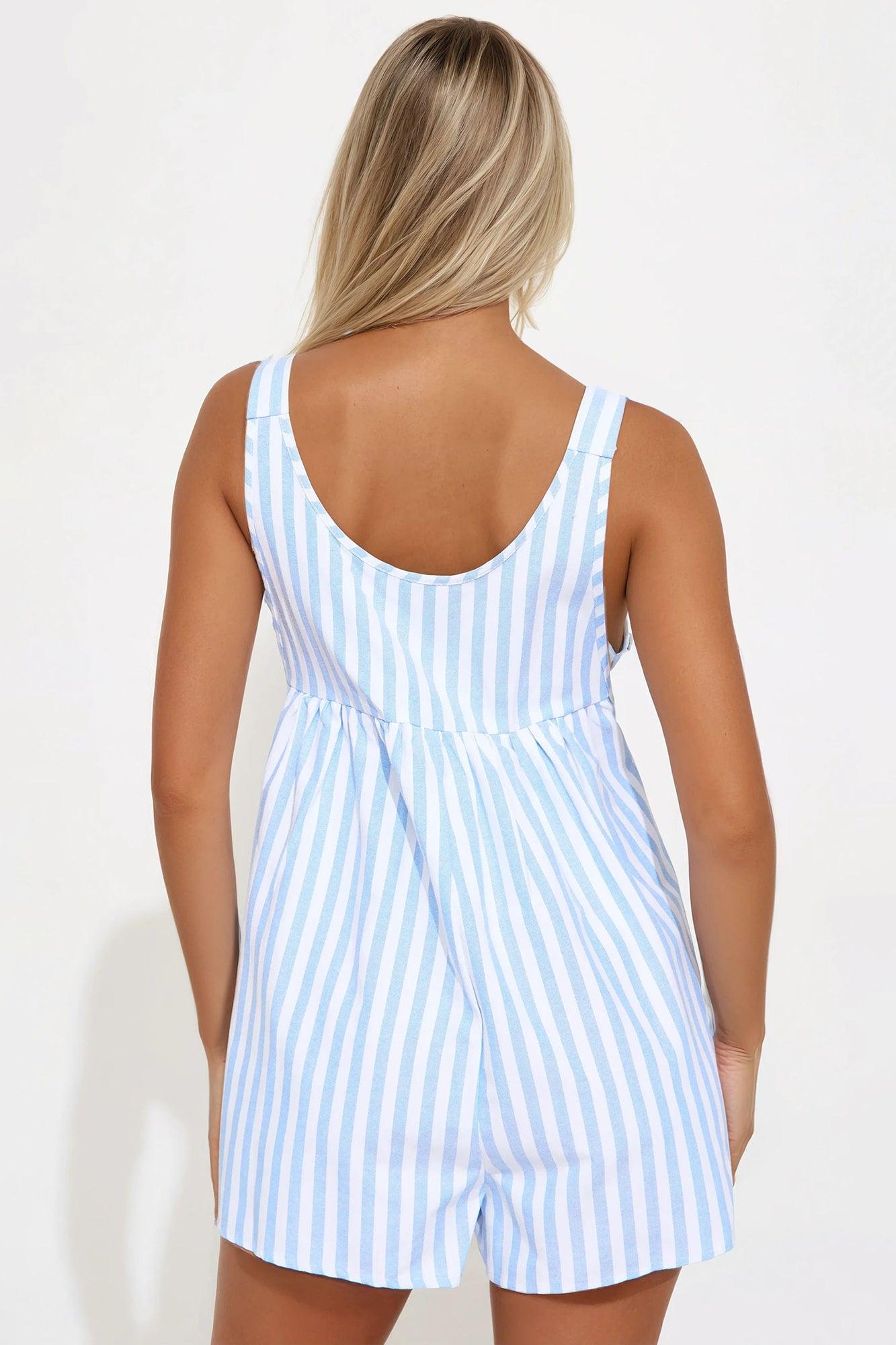 Play All Day Linen Romper - Blue/combo Product Image