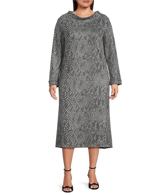 Bryn Walker Plus Size Avila Serpent Recycled Knit Banded Crew Neck Long Sleeve A-Line Midi Dress Product Image