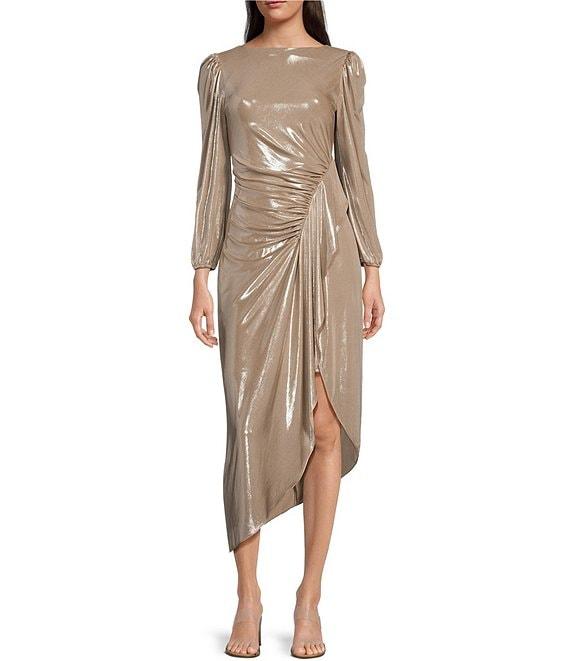 Alex Marie Jenna Foiled Metallic High Boat Neck Long Blouson Sleeve Faux Wrap Ruched Asymmetrical Hem Midi Dress Product Image