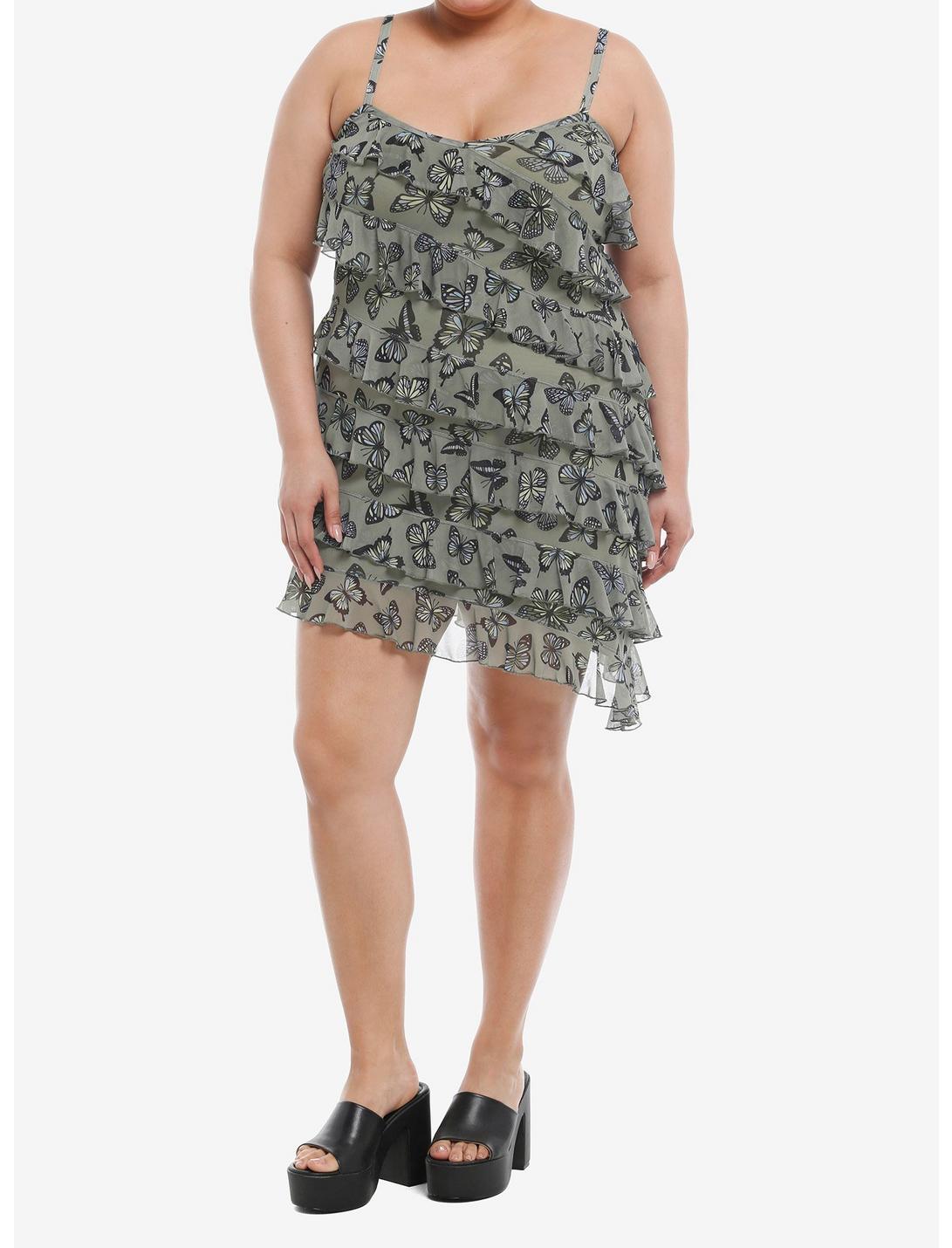 Thorn & Fable® Olive Butterfly Ruffle Cami Dress Plus Size Product Image