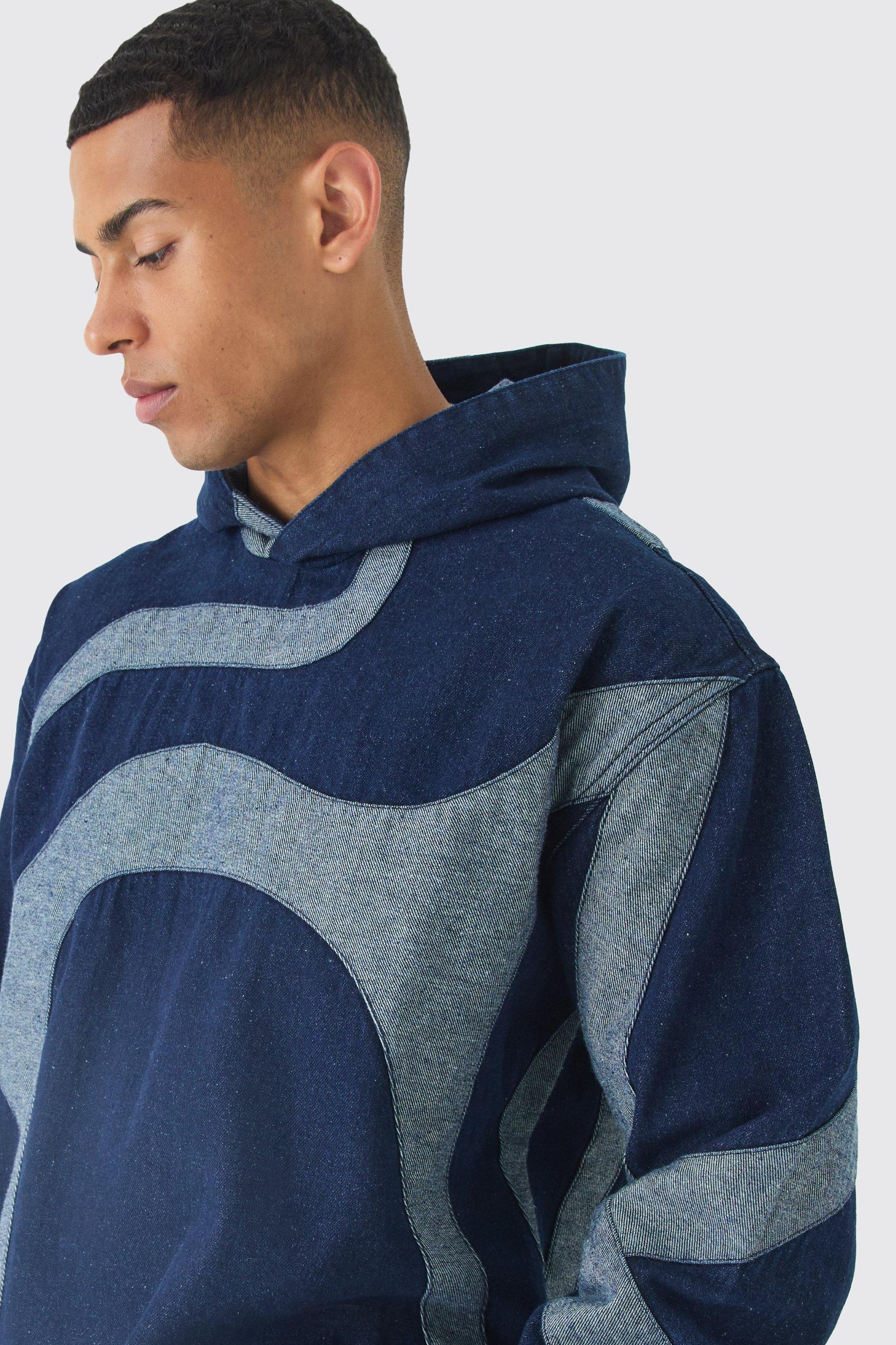 Boxy Denim Patchwork Applique Hoodie | boohooMAN USA Product Image