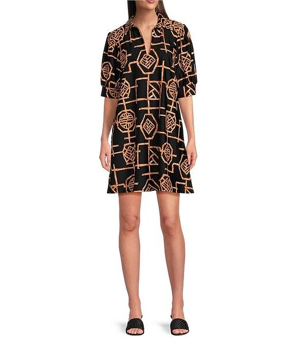 Jude Connally Emerson Bamboo Lattice Print Jude Cloth Knit Point Collar Puffed Sleeve Shift Dress Product Image