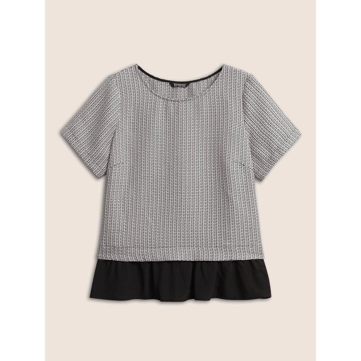 Plus Size Black Tweed Patchwork Ruffle Hem Blouse Women At the Office Short sleeve Round Neck Work Blouses BloomChic 18-20/2X Product Image
