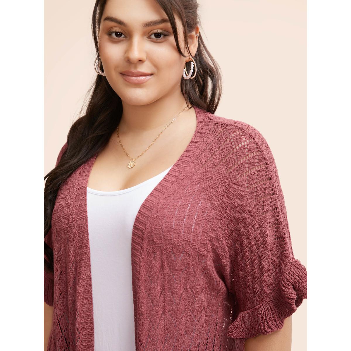 Plus Size Plain Ruffles Pointelle Knit Cardigan Russet Women Casual Loose Short sleeve Everyday Cardigans BloomChic 10/M Product Image