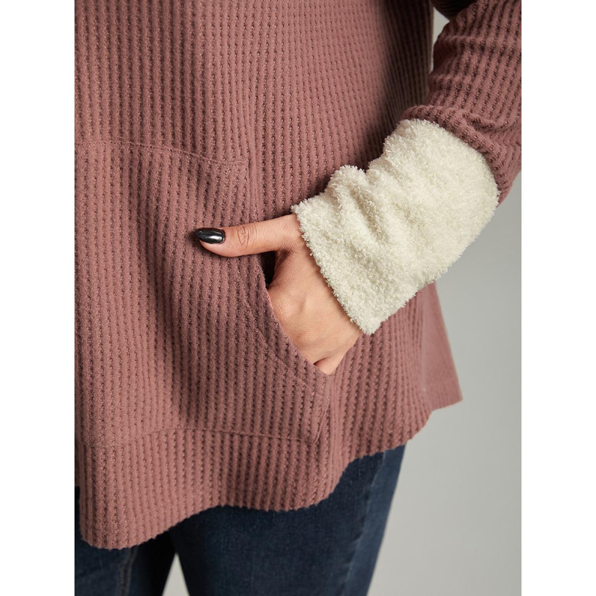 Plus Size Waffle Knit Pocket Hooded Patchwork Sweatshirt Women DustyPink Casual Waffle Knit Hooded Everyday Sweatshirts BloomChic 14-16/1X Product Image
