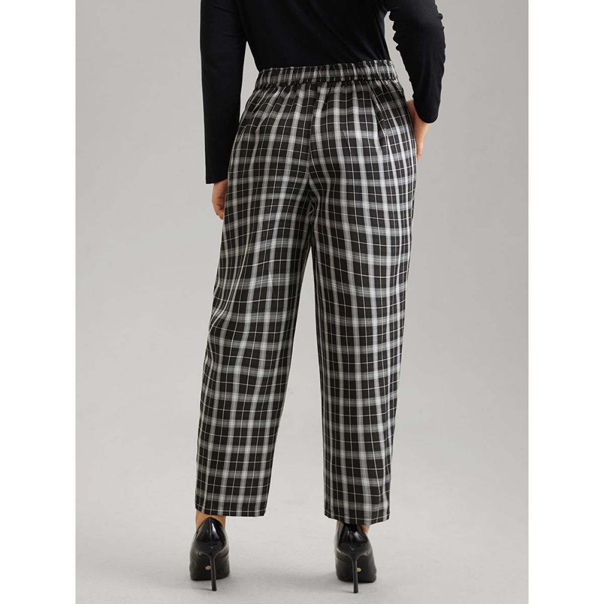 Plus Size Plaid Elastic Waist Straight Leg Pants Women Black Office Straight Leg High Rise Work Pants BloomChic 22-24/3X Product Image