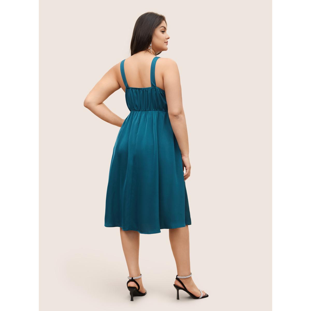 Plus Size Satin Solid Gathered Button Detail Cami Dress Aegean Women Elegant Non Non Sleeveless Curvy Midi Dress BloomChic 18-20/2X Product Image