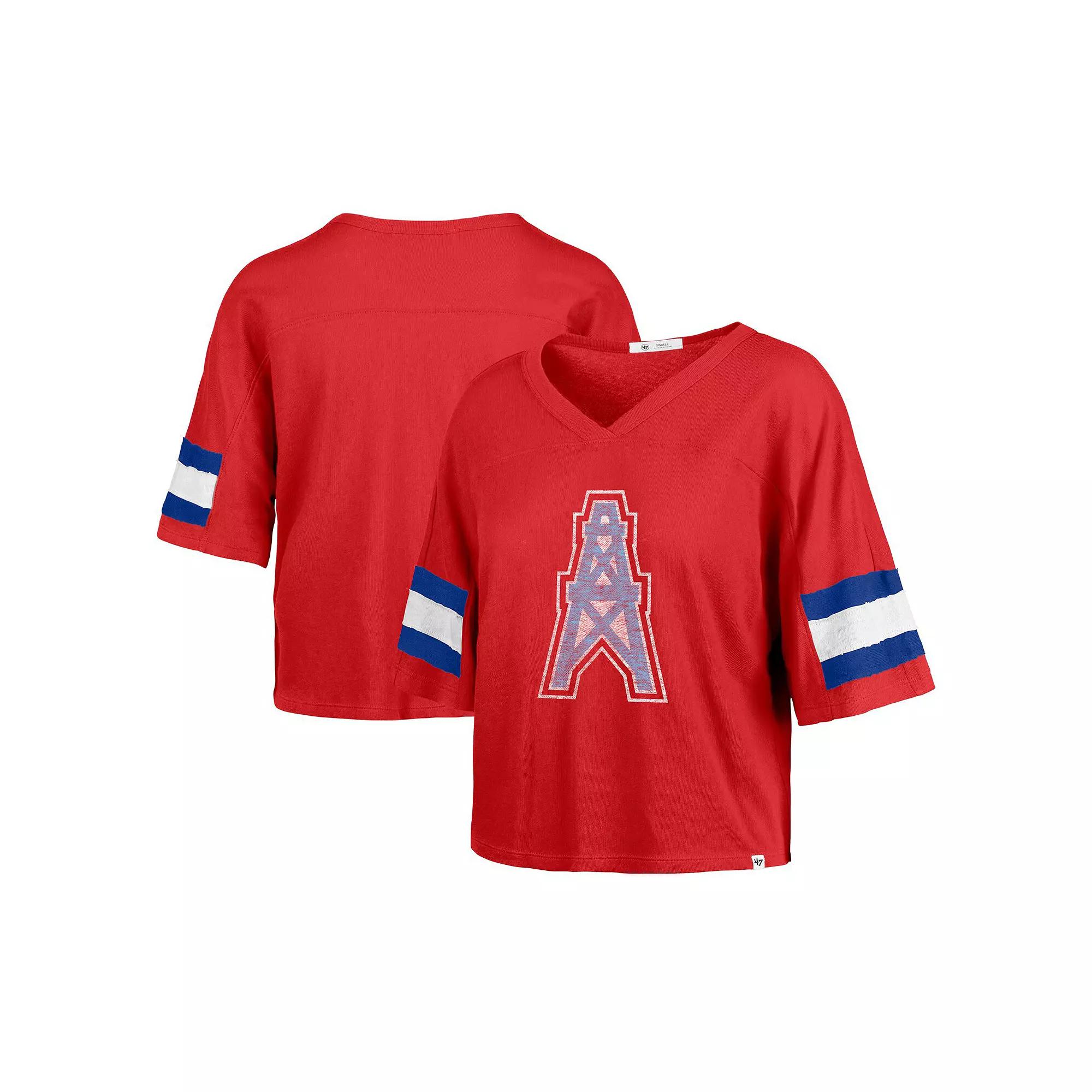 Women's '47 Red Houston Oilers Gridiron Classics Double Header Scout Cropped V-Neck T-Shirt,  Product Image