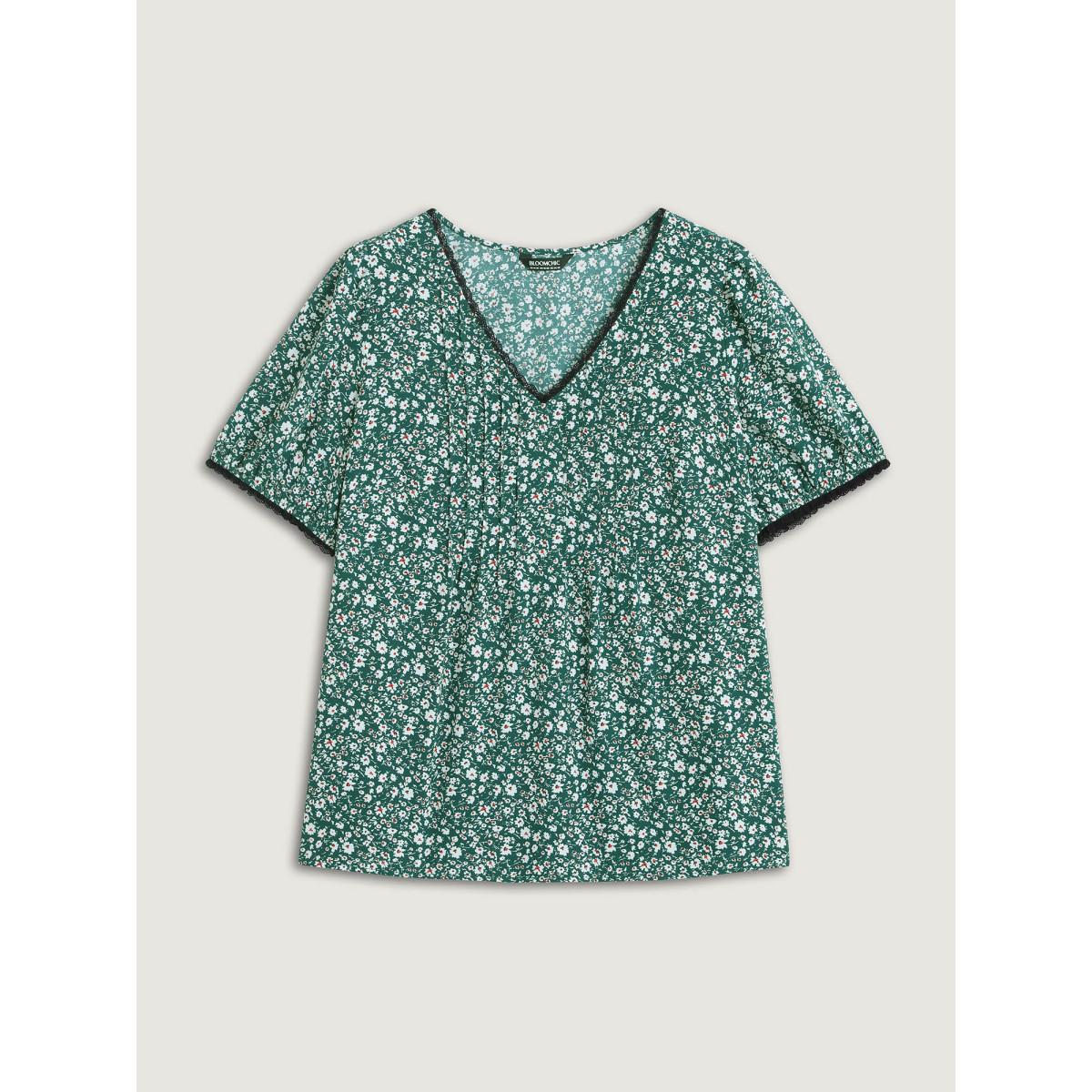 Plus Size DarkGreen Ditsy Floral Print Lace Trim Blouse Women Timeless Short sleeve V-neck Elegant Blouses BloomChic 14-16/1X Product Image