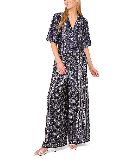 CeCe Woven Notch Collar Short Sleeve Button Front Camp Coordinating Shirt Product Image