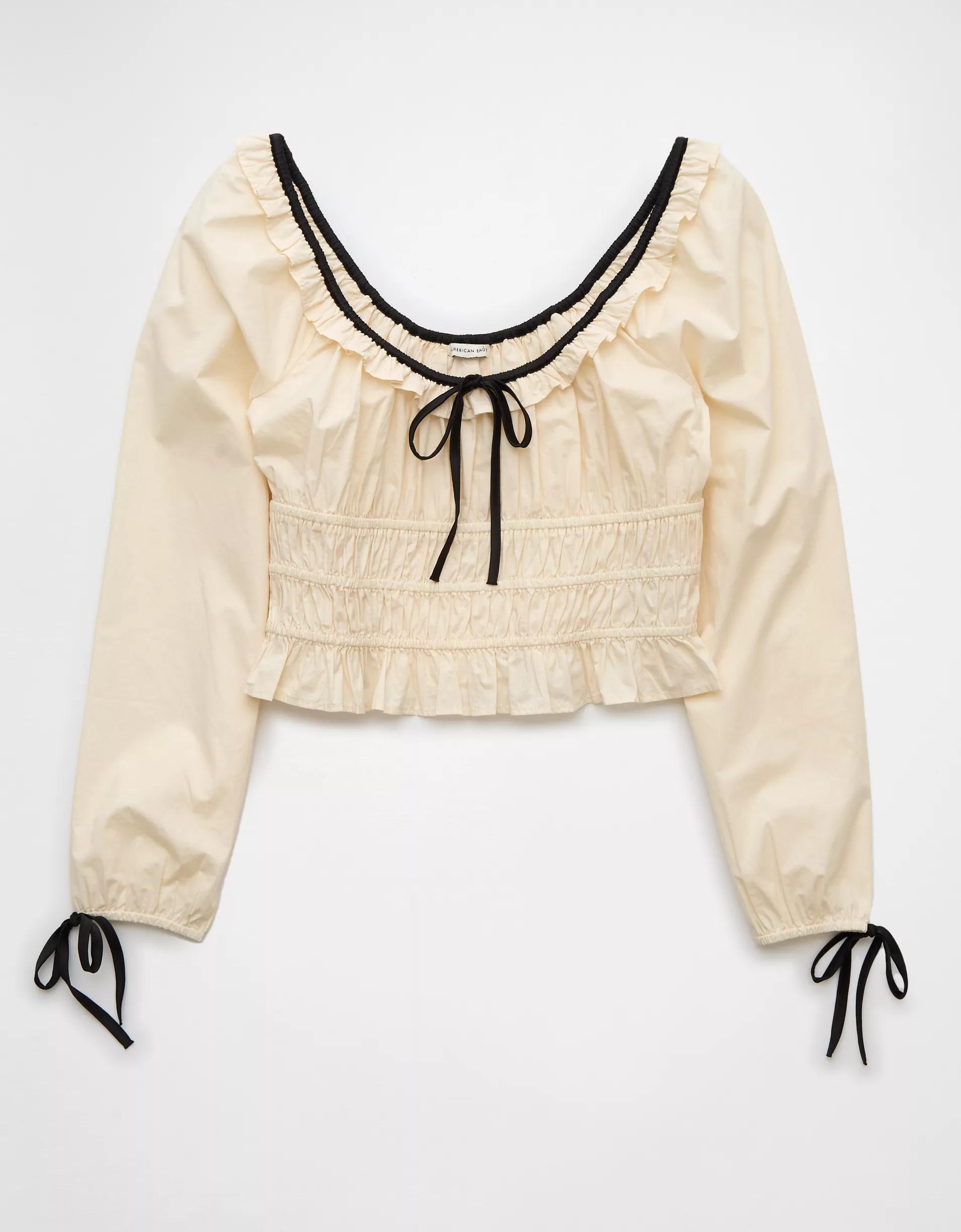 AE Long-Sleeve Ruched Poplin Blouse Product Image