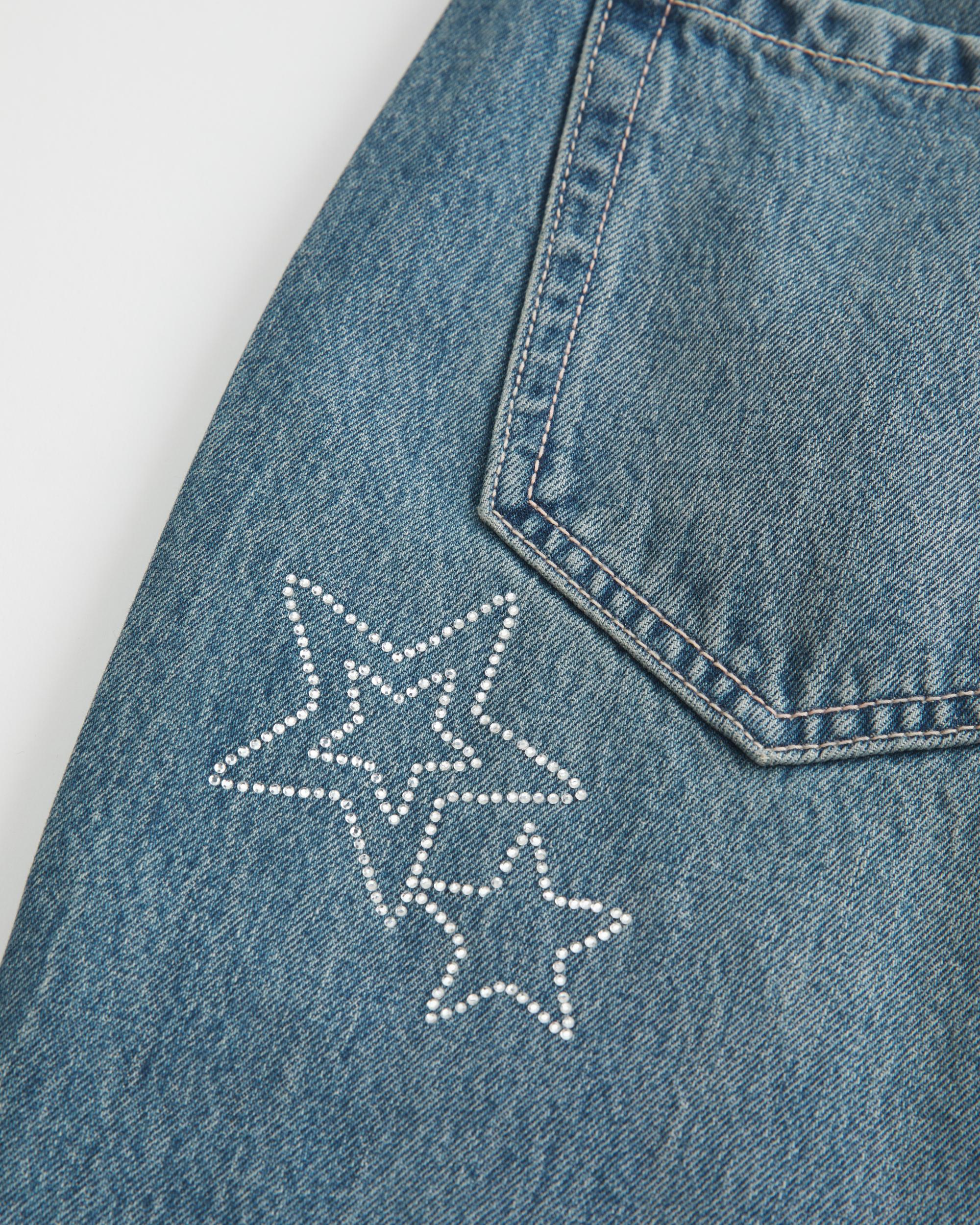 Low-Rise Rhinestone Stars Medium Wash Baggy Jeans Product Image
