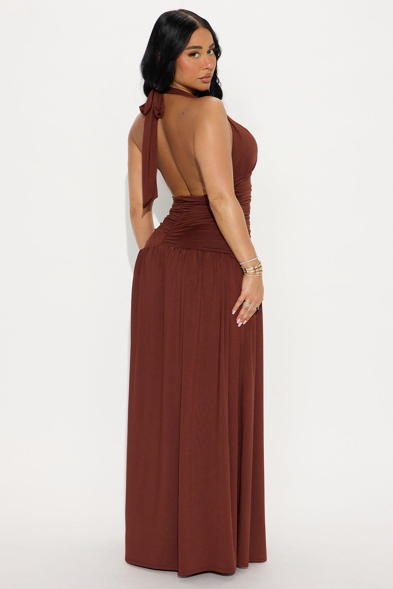 Melody Ruched Halter Maxi Dress - Brown Product Image