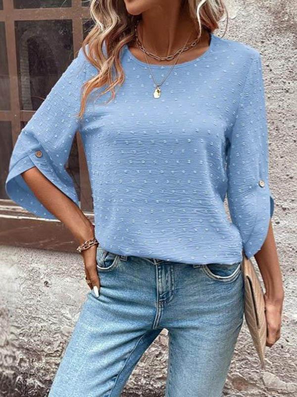 Loose Three-Quarter Sleeves Hollow Jacquard Split-Joint Round-Neck T-Shirts Product Image