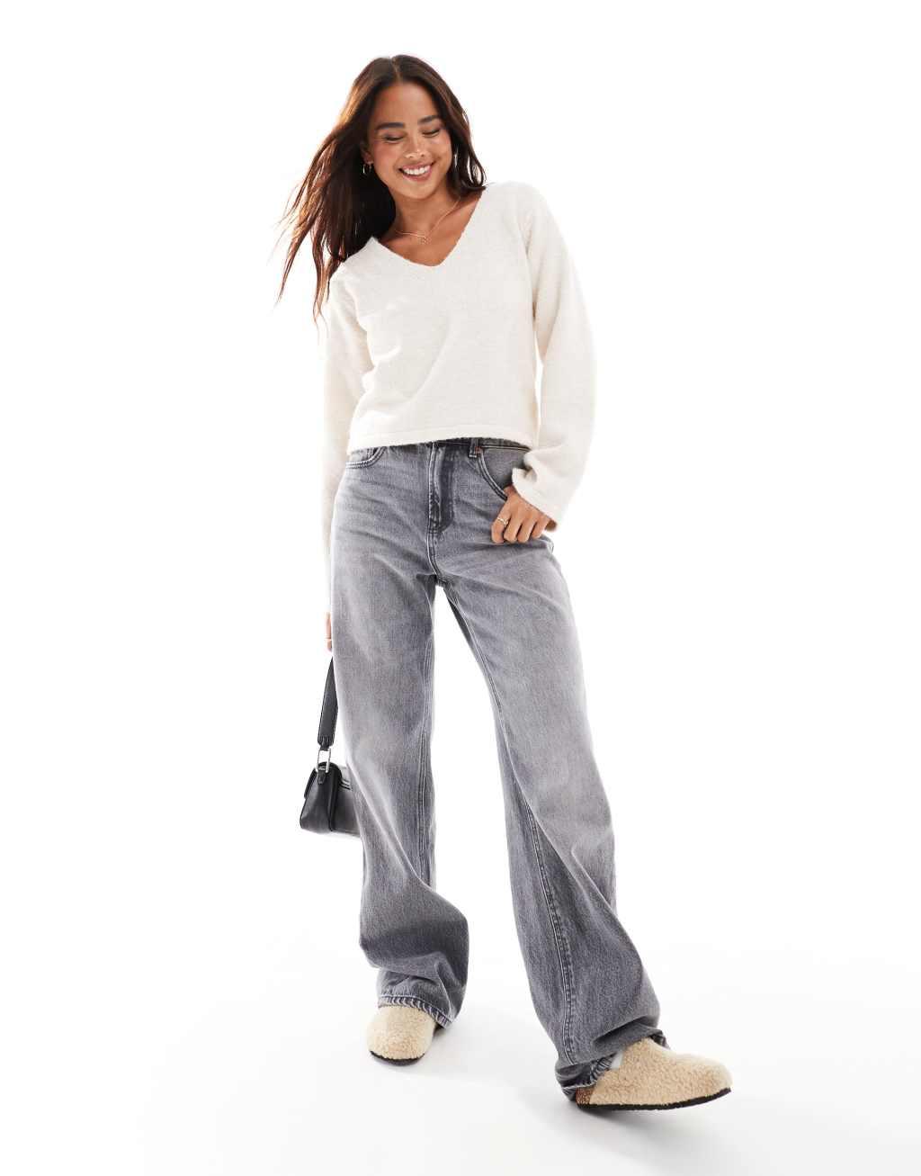 Miss Selfridge contrast satin bow V neck sweater in oatmeal Product Image