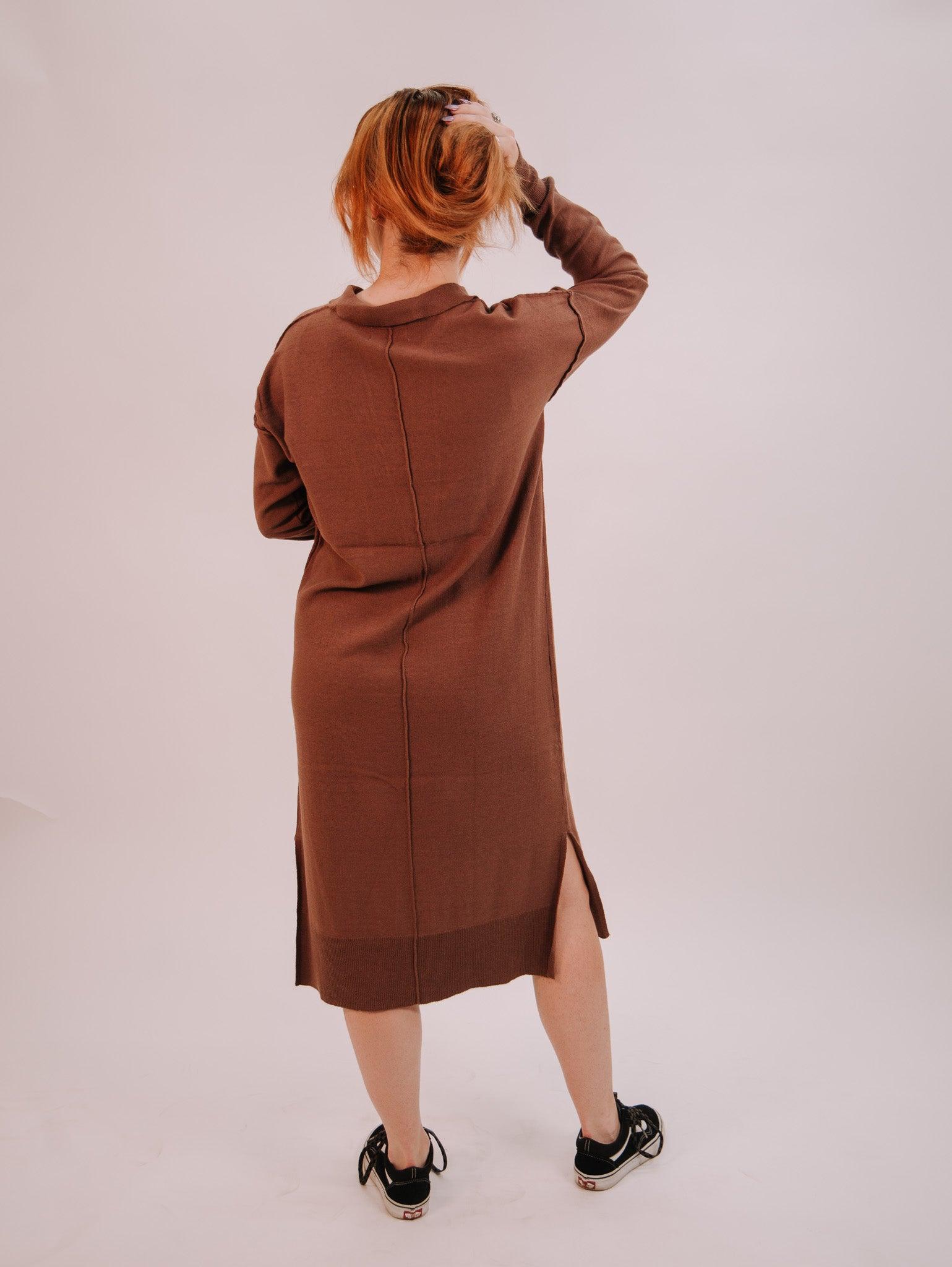 By Together Knit Sweater Long Sleeve Collar Neck Dress - Chocolate Product Image