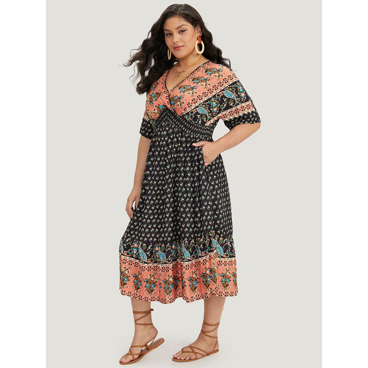 Plus Size Bandana Print Wrap Shirred Batwing Sleeve Dress DarkBlue Women Vacation Printed V-neck Short sleeve Curvy Midi Dress BloomChic 10/M Product Image