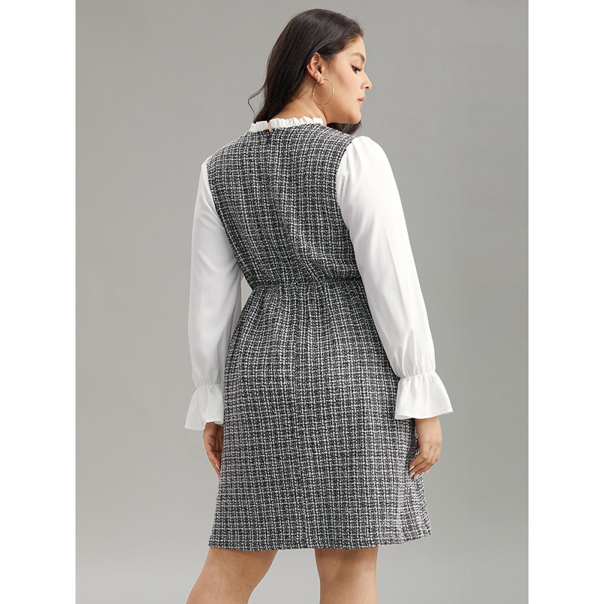 Plus Size Plaid Patchwork Ruffle Trim Knee Dress White Women Office Texture Mock Neck Long Sleeve Curvy Knee Dress BloomChic 30/6X Product Image