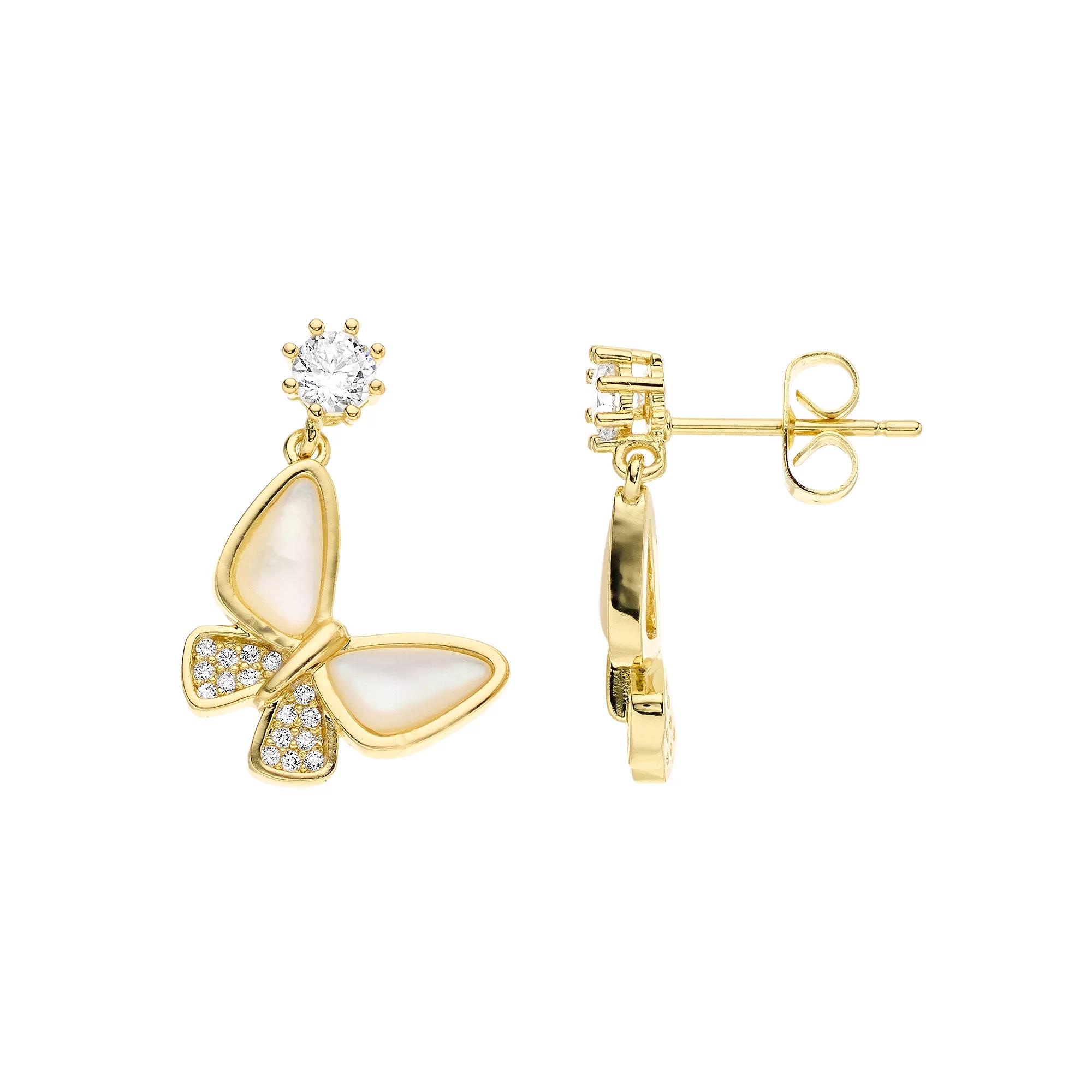 14k Gold Over Silver Mother-of-Pearl & Cubic Zirconia Butterfly Earrings, Womens, Gold Tone Product Image