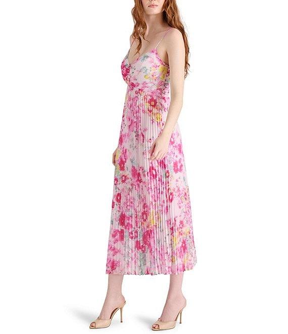 Steve Madden Ray Floral Print Sweetheart Sleeveless Chiffon Pleated Midi Dress Product Image