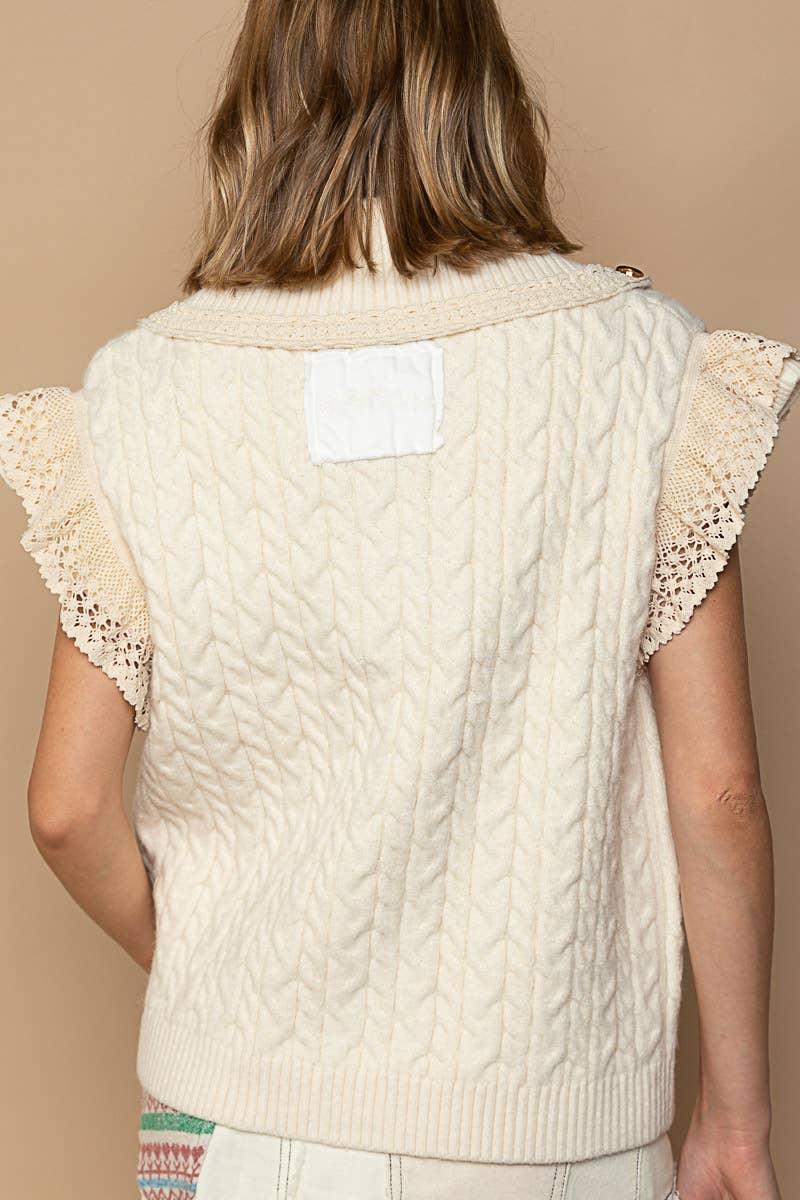 Crochet Button Down Lace Trim Sweater Vest Product Image